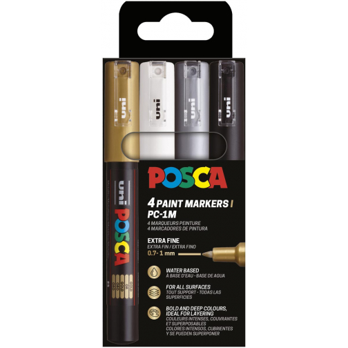 Uni POSCA marqueur peinture PC-1MC, 0,7 - 1 mm, étui de 4 pièces, or, argent, blanc et noir