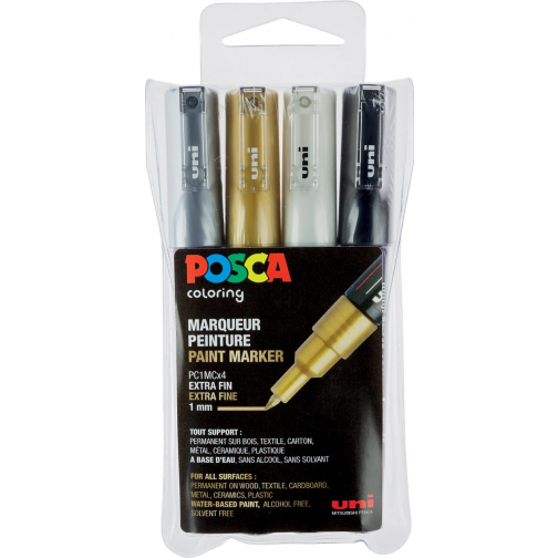 Uni POSCA marqueur peinture, PC-1MC, 0,7 mm, étui de 4 pièces en couleurs métalliques assorties