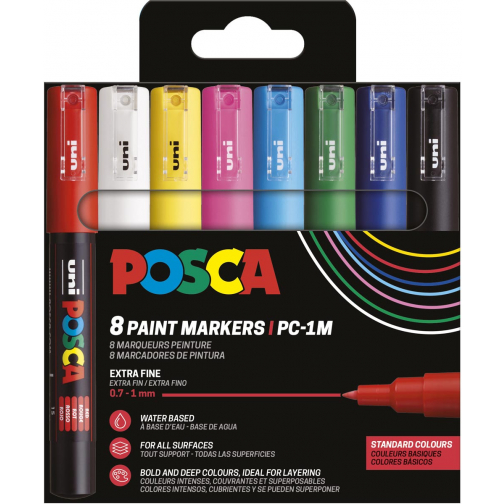 Uni POSCA marqueur peinture PC-1MC, 0,7 - 1 mm, étui de 8 pièces en couleurs de base assorties