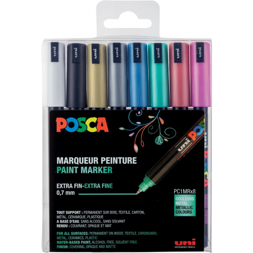 Uni POSCA marqueur peinture, PC-1MC, 0,7 mm, étui de 8 pièces en couleurs métalliques assorties