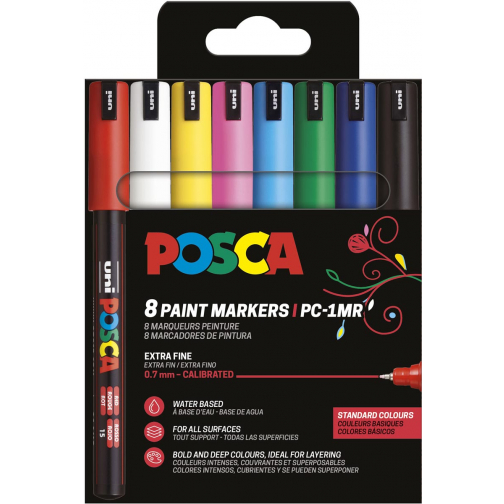 Uni POSCA marqueur peinture PC-1MR, 0,7 mm, étui de 8 pièces en couleurs de base assorties