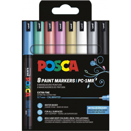 Uni POSCA marqueur peinture PC-1MR, 0,7 mm, étui de 8 pièces en couleurs métaliques assorties