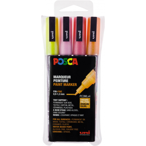 Uni POSCA marqueur peinture PC-3ML, 1,5 mm, pailletté, étui de 4 pièces en couleurs assorties claires