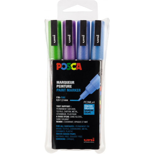 Uni POSCA marqueur peinture PC-3ML, 1,5 mm, pailletté, étui de 4 pièces en couleurs assorties foncées