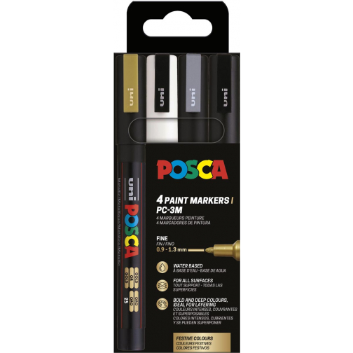 Uni POSCA marqueur peinture PC-3M, 1,5 mm, étui de 4 pièces en or, blanc, argent et noir