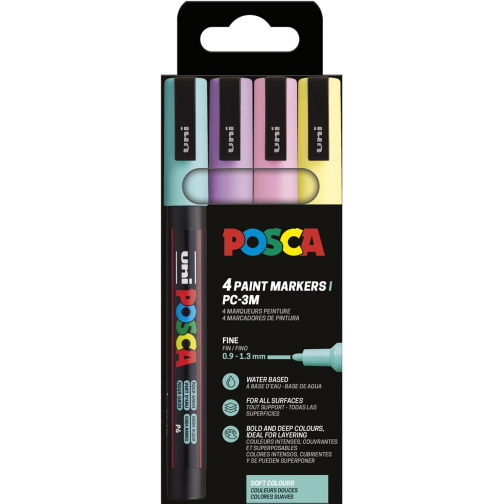 Uni POSCA marqueur peinture PC-3M, 1,5 mm, étui de 4 pièces en couleurs assorties douces