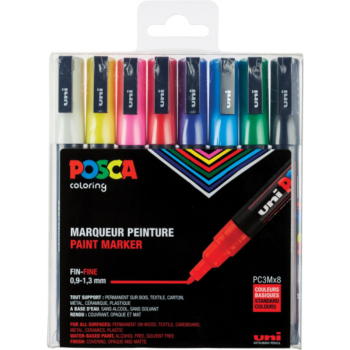 Posca marqueur de peinture PC-3M, set de 8 marqueurs en couleurs basique assorties