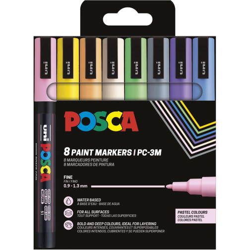 Uni POSCA marqueur peinture PC-3M, 1,5 mm, étui de 8 pièces en couleurs pastel assorties