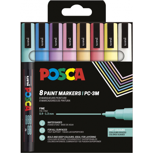Uni POSCA marqueur peinture PC-3M, 1,5 mm, étui de 8 pièces en couleurs assorties douces