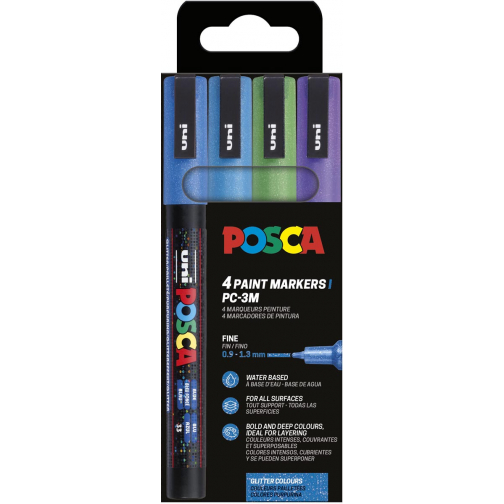 Uni POSCA marqueur peinture PC-3ML, 1,5 mm, pailletté, étui 4 pièces bleu foncé et clair, vert et violet