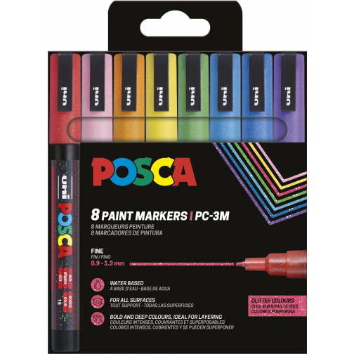 Uni POSCA marqueur peinture PC-3ML, 1,5 mm, pailletté, étui de 8 pièces en couleus assorties