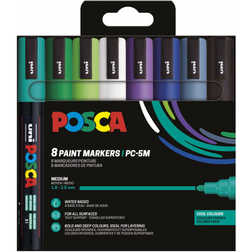 Uni POSCA marqueur peinture PC-5M, 1,8 - 2,5 mm, étui de 8 pièces en couleurs froid