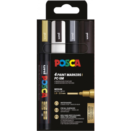 Uni POSCA marqueur peinture PC-5M, 1,8 - 2,5 mm, étui de 4 pièces or, blanc, argent et noir