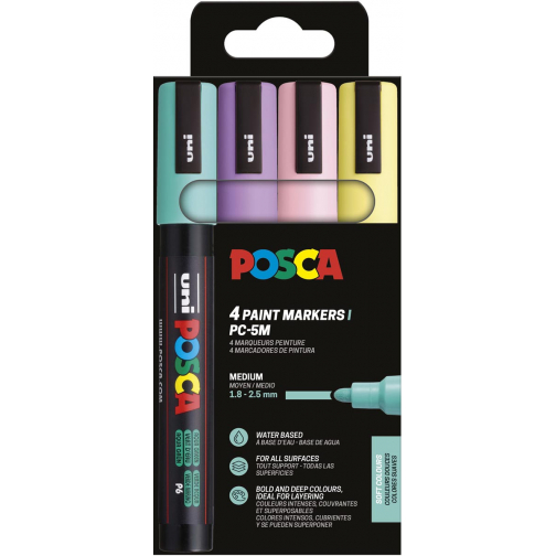Uni POSCA marqueur peinture PC-5M, 1,8 - 2,5 mm, étui de 4 pièces en couleurs douces
