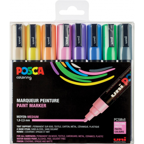 Posca marqueur de peinture PC-5M, set de 8 marqueurs en couleurs pastel assorties