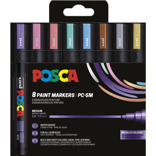 Uni POSCA marqueur peinture PC-5M, 1,8 - 2,5 mm, étui de 8 pièces en couleurs métalliques