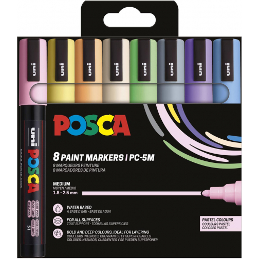 Uni POSCA marqueur peinture PC-5M, 1,8 - 2,5 mm, étui de 8 pièces en couleurs pastel