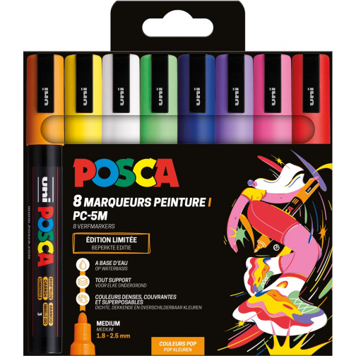 Uni POSCA marqueur peinture PC-5M, 1,8 - 2,5 mm, étui de 8 pièces en couleurs assorties Pop