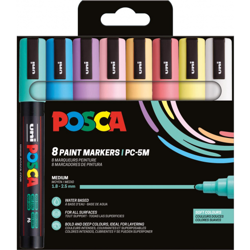 Uni POSCA marqueur peinture PC-5M, 1,8 - 2,5 mm, étui de 8 pièces en couleurs douces
