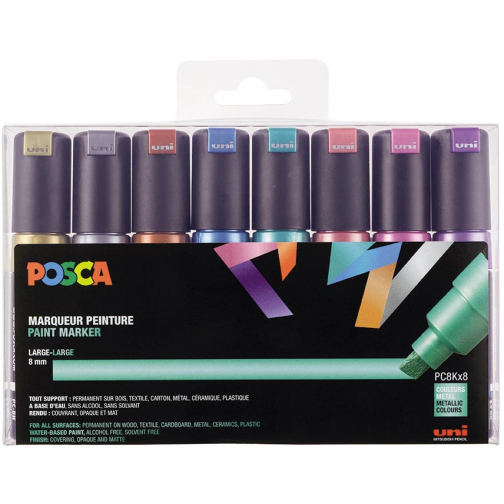 Uni POSCA marqueur peinture PC-8K, 8 mm, étui de 8 pièces en couleurs assorties métalliques