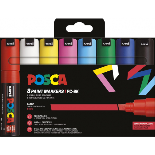 Uni POSCA marqueur peinture PC-8K, 8 mm, étui de 8 pièces en couleurs de base