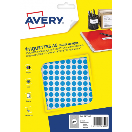 Avery PET08B etiquettes pastilles rondes, diamètre 8 mm, blister de 2940 pièces, bleu