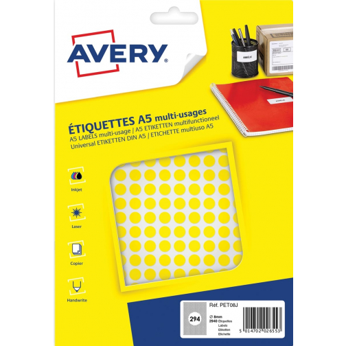 Avery PET08J etiquettes pastilles rondes, diamètre 8 mm, blister de 2940 pièces, jaune