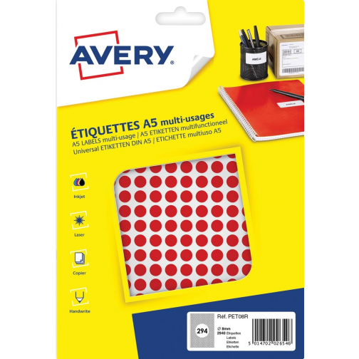 Avery PET08R etiquettes pastilles rondes, diamètre 8 mm, blister de 2940 pièces, rouge