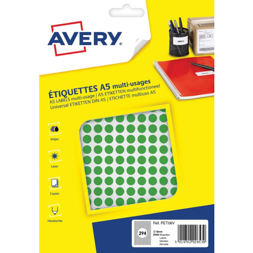 Avery PET08V etiquettes pastilles rondes, diamètre 8 mm, blister de 2940 pièces, vert