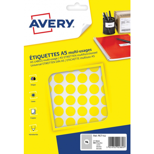 Avery PET15J etiquettes pastilles rondes, diamètre 15 mm, blister de 960 pièces, jaune