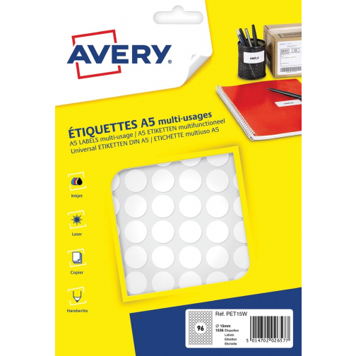 Avery PET15W etiquettes pastilles rondes, diamètre 15 mm, blister de 1536 pièces, blanc