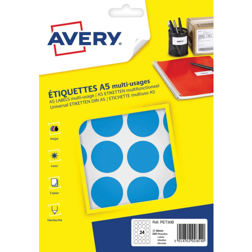 Avery PET30B etiquettes pastilles rondes, diamètre 30 mm, blister de 240 pièces, bleu clair
