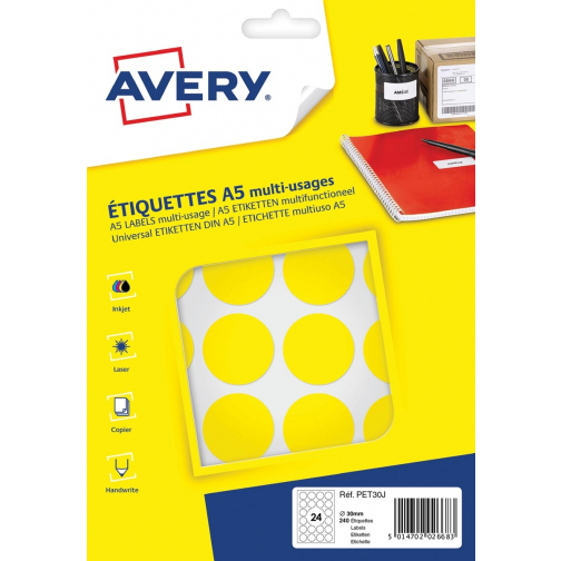 Avery PET30J etiquettes pastilles rondes, diamètre 30 mm, blister de 240 pièces, jaune