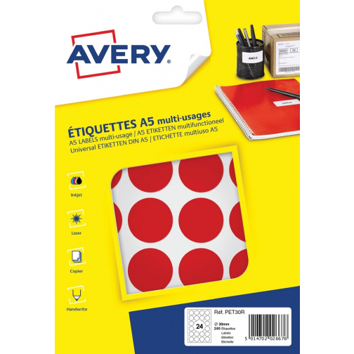 Avery PET30R etiquettes pastilles rondes, diamètre 30 mm, blister de 240 pièces, rouge