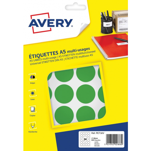 Avery PET30V etiquettes pastilles rondes, diamètre 30 mm, blister de 240 pièces, vert