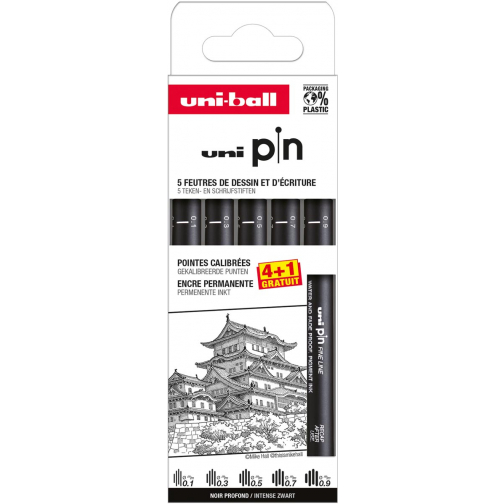 Uni Pin fineliner, pointes calibrées, noir, 0,1-0,3-0,5-0,7-0,9 mm, blister de 4 + 1 gratuit