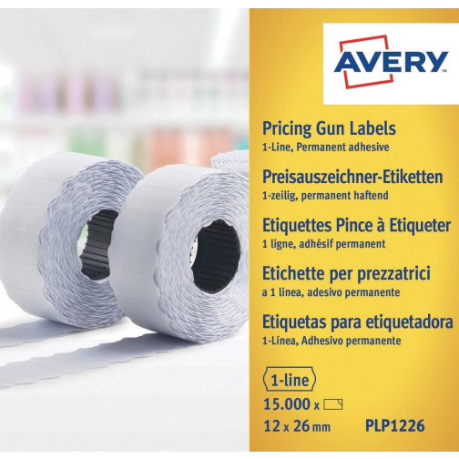 Avery PLP1226 étiquettes pour étiqueteuse permanent, ft 12 x 26 mm, 15 000 étiquettes, blanc