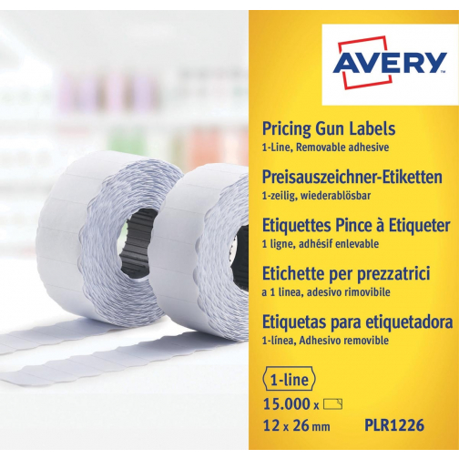 Avery PLR1226 étiquettes pour étiqueteuse enlevable, ft 12 x 26 mm, 15 000 étiquettes, blanc