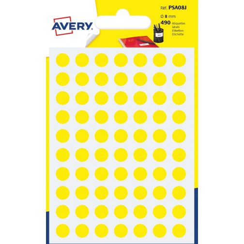 Avery PSA08J etiquettes pastilles rondes, diamètre 8 mm, blister de 490 pièces, jaune