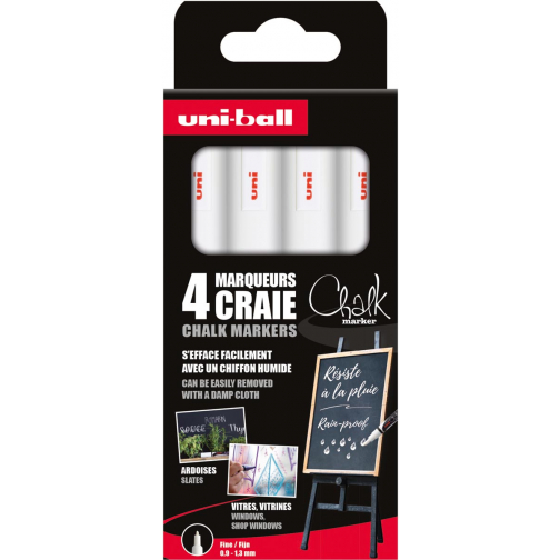 Uni-ball marqueur craie, pointe ronde de 0,9-1,3 mm, étui de 4 pièces, blanc