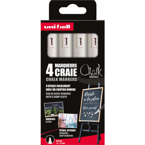 Uni-ball marqueur à la craie, pointe ronde 1,8 - 2,5 mm, étui de 4 pièces, blanc