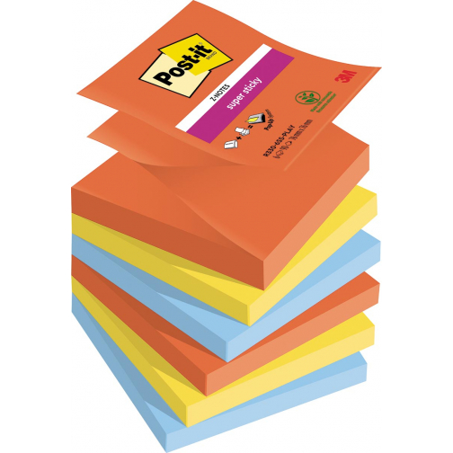 Post-it Super Sticky z-notes Playful, 90 feuilles, ft 76 x 76 mm, couleurs assorties, paquet de 6 blocs