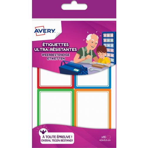 Avery Family étiquettes ultra-résistantes, 4,5 x 6,5 cm, étui brochable avec 16 étiquettes en couleurs