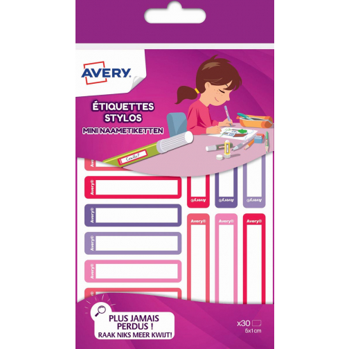 Avery Family étiquettes stylos minis, ft 5 x 1 cm, rose/violet, sachet brochable avec 30 étiquettes
