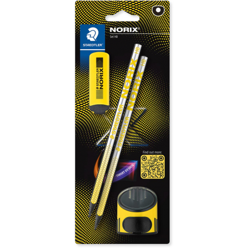 Staedtler Norix crayon graphite, HB, avec taille-crayon et gomme, jaune, blister de 2 pièces