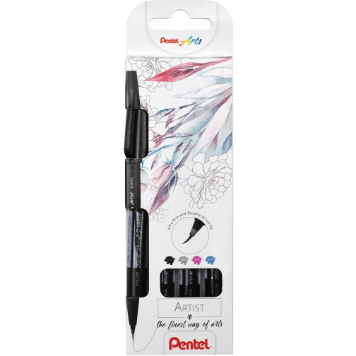 Pentel feutre pinceau Artist, étui cartonné avec 4 pièces: noir, gris, turquoise et rose