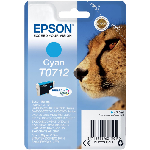 Epson cartouche d'encre T0712, 345 pages, OEM C13T07124012, cyan