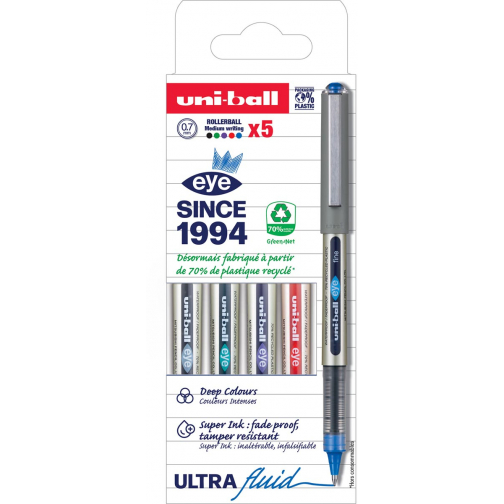 Uni-ball Eye Fine roller, largeur de trait 0,5 mm, étui de 5 pièces en couleurs assorties