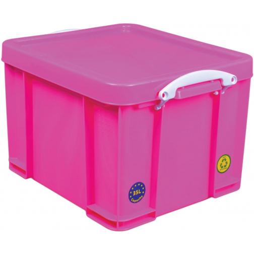 Really Useful Box boîte de rangement 35 litre, rose néon avec poignées blanches