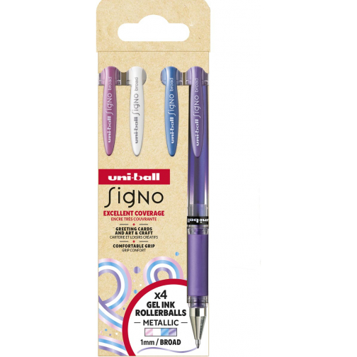 Uni-ball roller Signo Broad Creative, pointe large, étui de 4 pièces: rose, blanc, bleu, violet